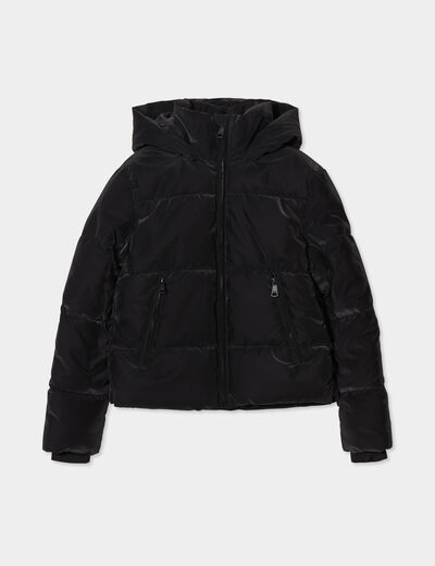 Doudoune courte imperméable à capuche noir femme