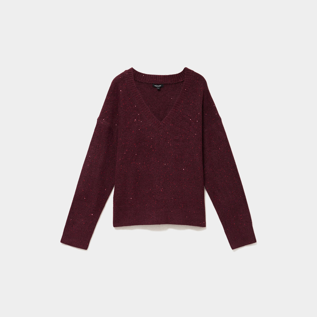 Pull droit &agrave; sequins et col en V prune femme