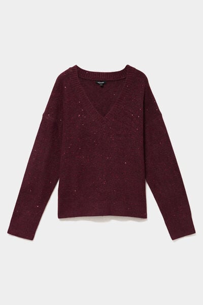 Pull droit &agrave; sequins et col en V prune femme
