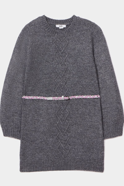 Robe pull avec torsades et ceinture gris foncé fille