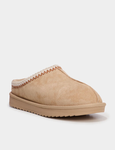 Mules fourr&eacute;es d&eacute;tails brod&eacute;s sable femme