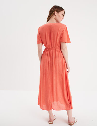 Robe longue empire fils métallisés coton rose corail femme