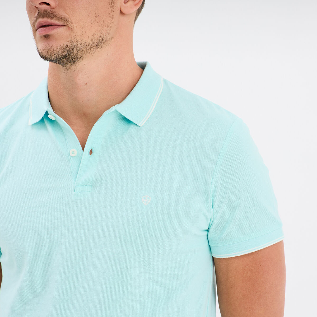 Polo piqu&eacute; coton manches courtes bleu turquoise homme