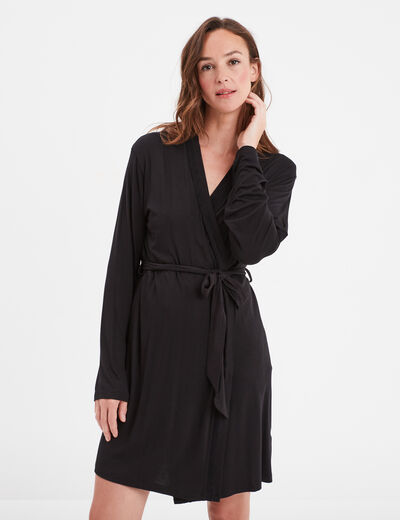 Peignoir fluide dentelle et ceinture noir femme