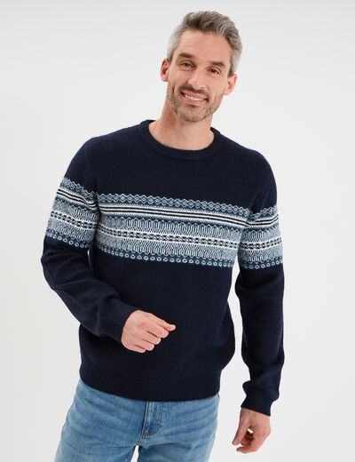 Pull jacquard col rond manches longues bleu fonc&eacute; homme