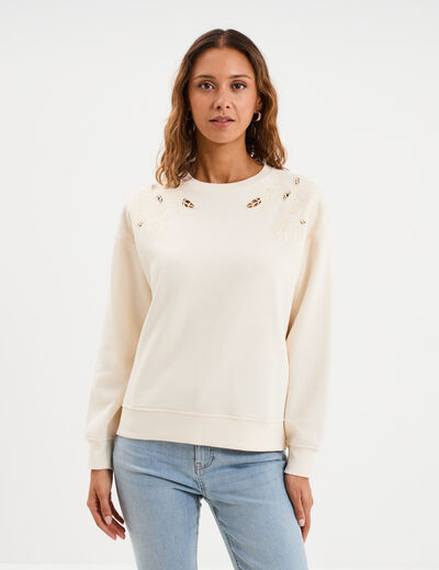 Sweat ajour&eacute; avec broderie col rond ecru femme