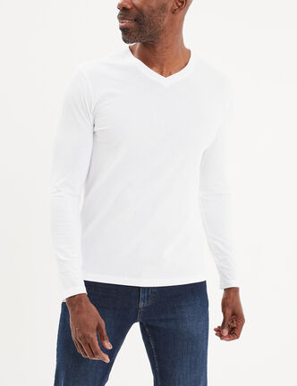 T-shirt col en V manches longues coton blanc homme