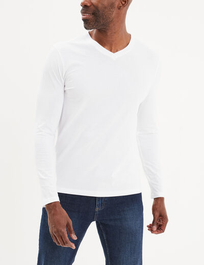 T-shirt col en V manches longues coton blanc homme