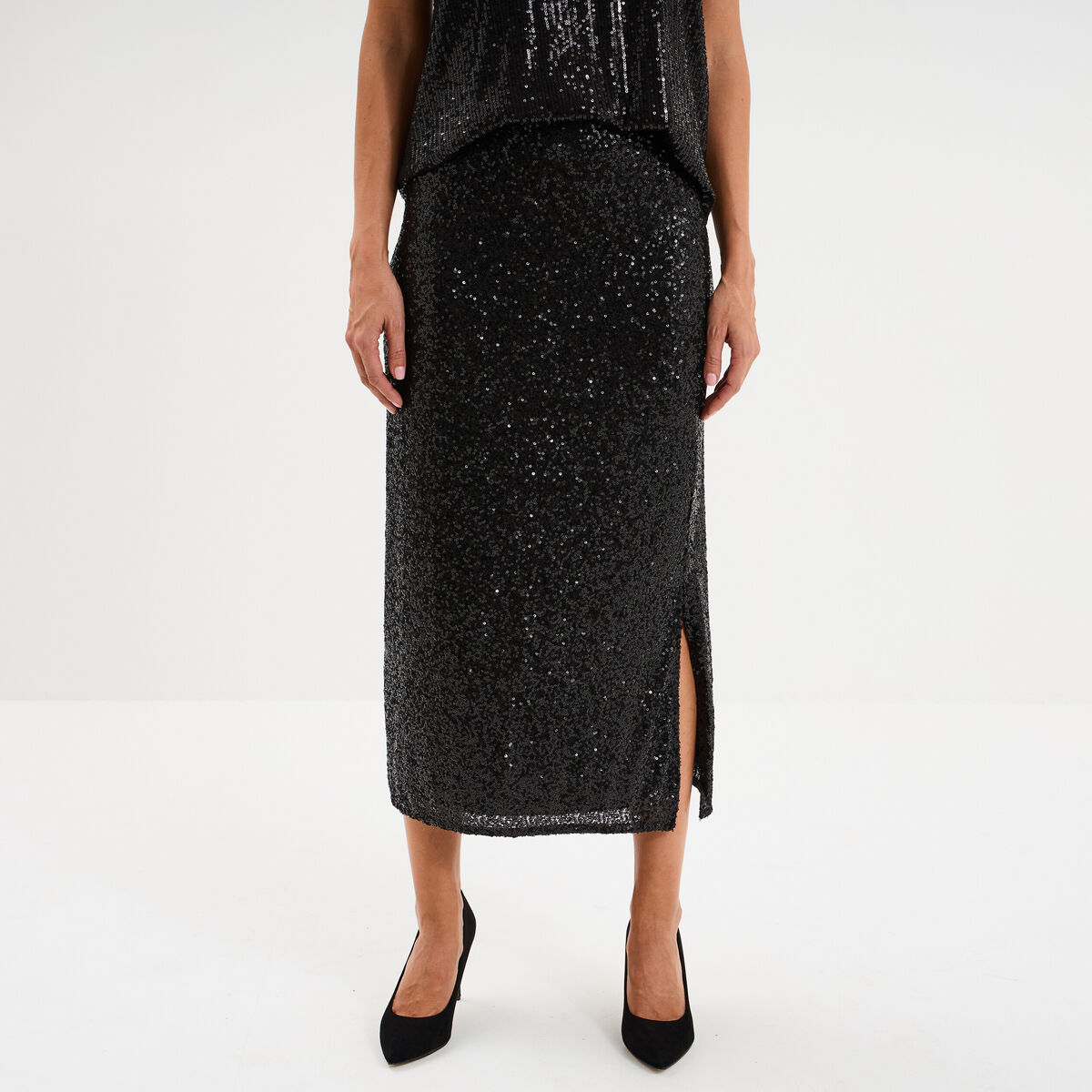 Jupe longue &agrave; sequins noir femme