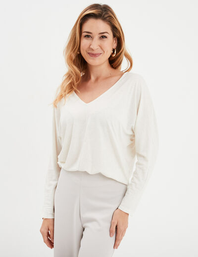 T-shirt col en V manches longues blanc femme