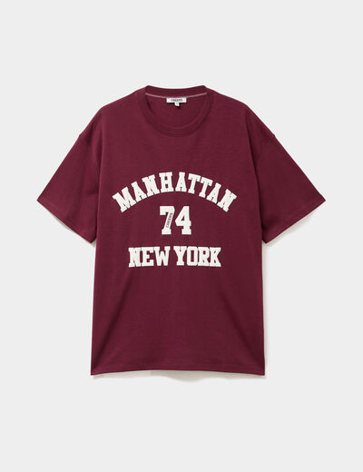T-shirt col rond manches courtes coton bordeaux femme