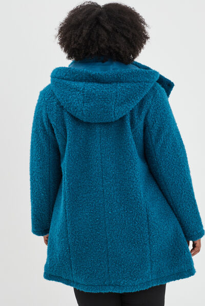 Manteau pilou bouclette à capuche bleu canard femme grande taille