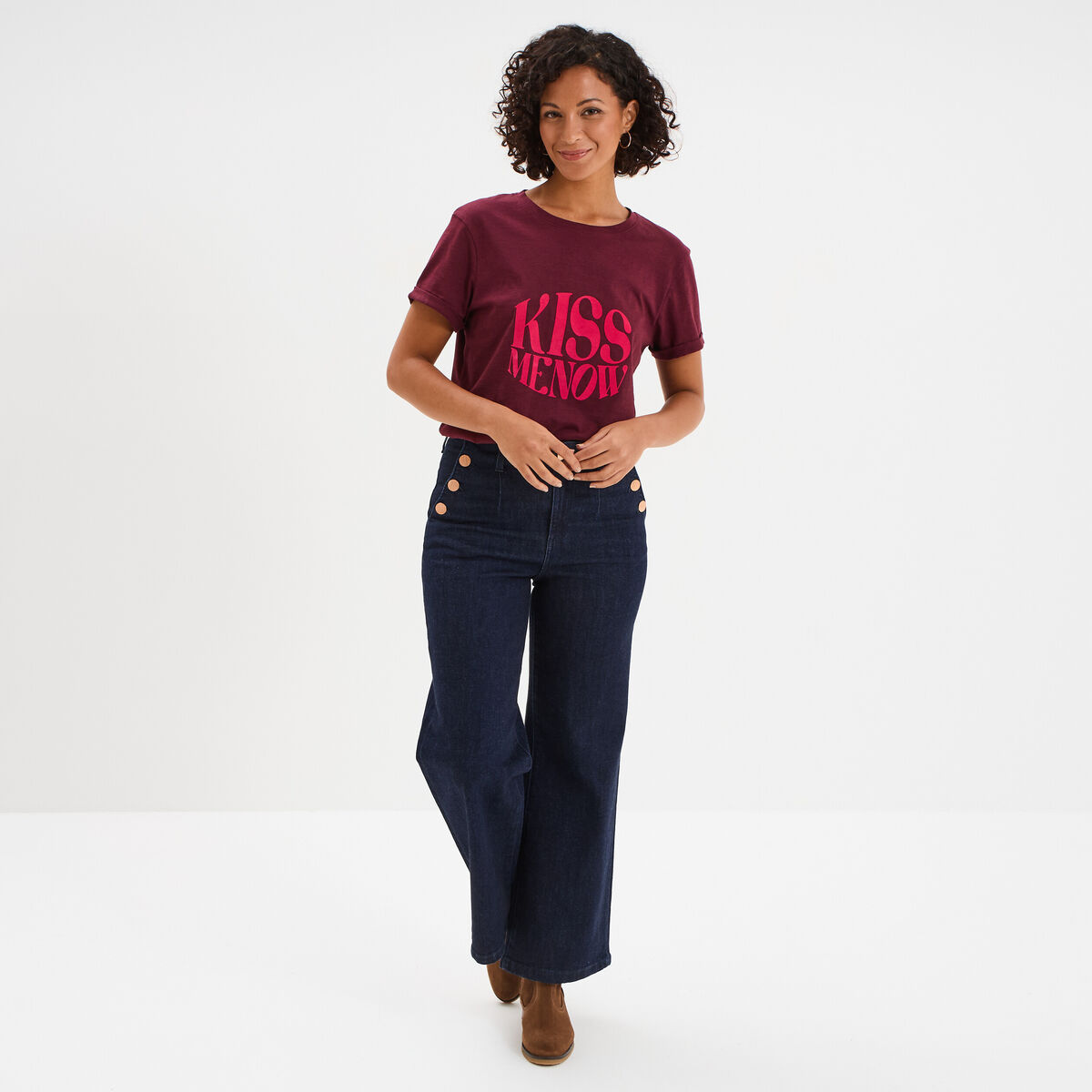T-shirt manches courtes coton bordeaux femme