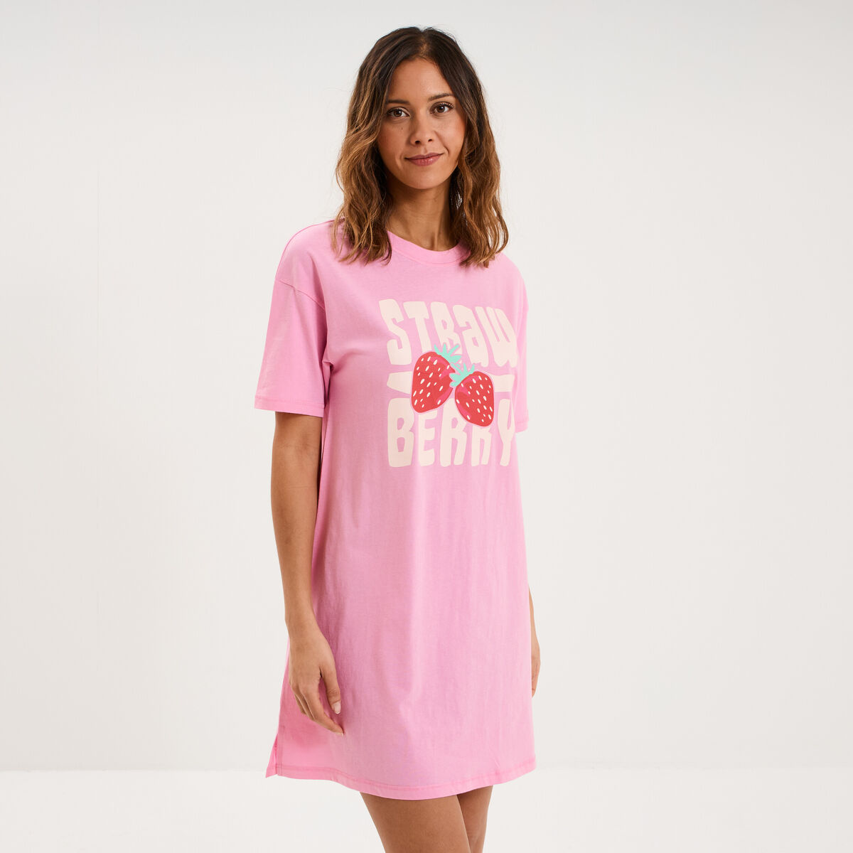 Chemise de nuit &agrave; manches courtes coton rose femme