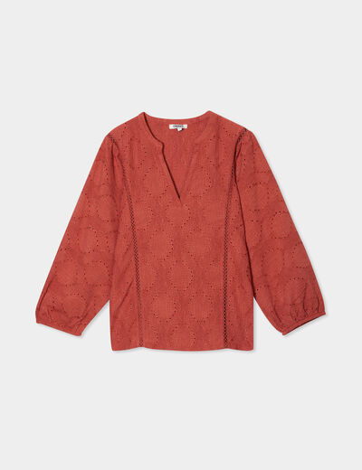 T-shirt ajouré manches 3/4 col en V vieux rose femme