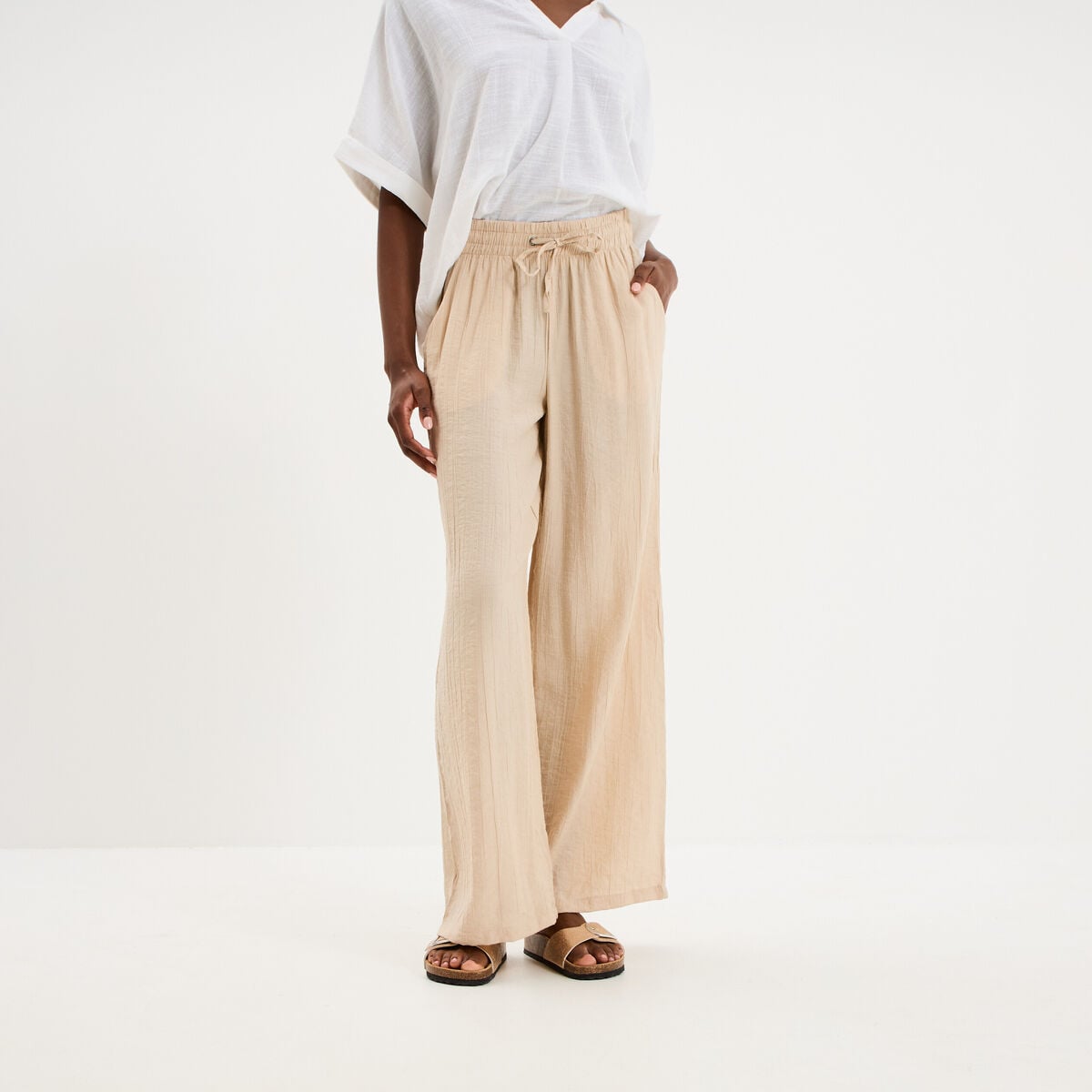 Pantalon large fluide taille &eacute;lastiqu&eacute;e beige femme