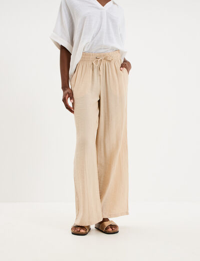 Pantalon large fluide taille &eacute;lastiqu&eacute;e beige femme