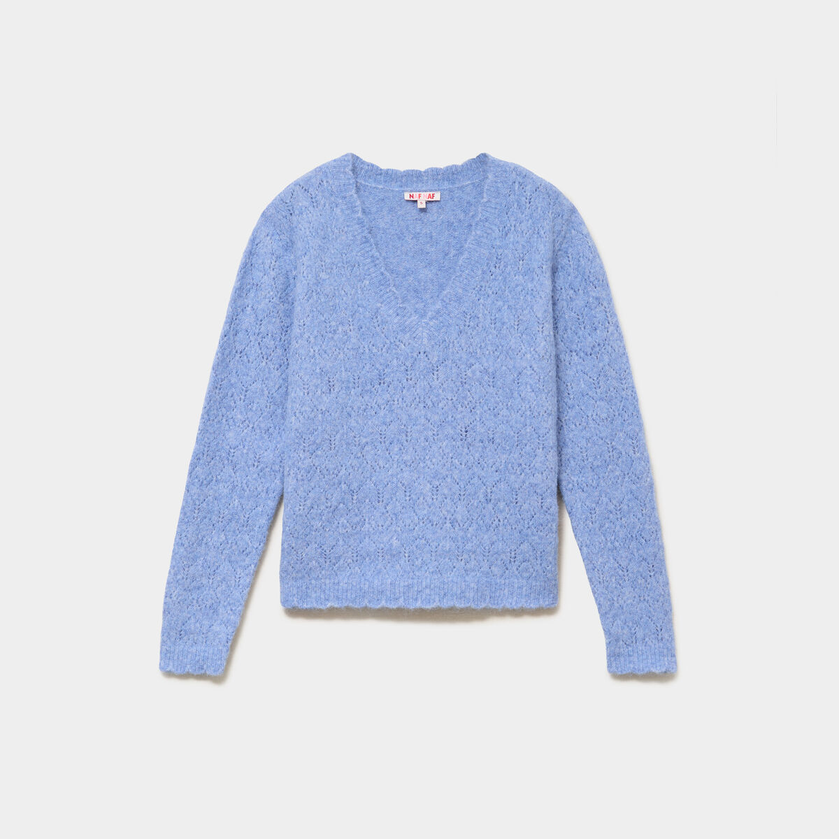 Pull col V ajour&eacute; manches longues bleu ciel femme