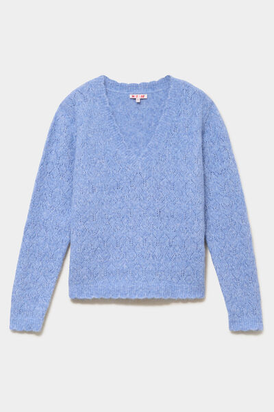 Pull col V ajour&eacute; manches longues bleu ciel femme