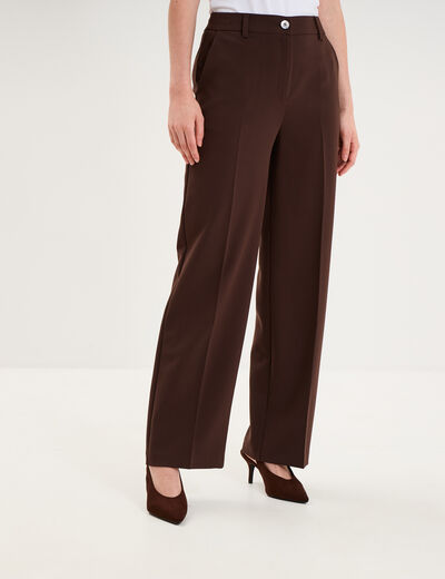 Pantalon droit effet cr&ecirc;pe &agrave; pinces marron fonc&eacute; femme