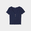 T-shirt court effet côtelé col en V bleu marine femme