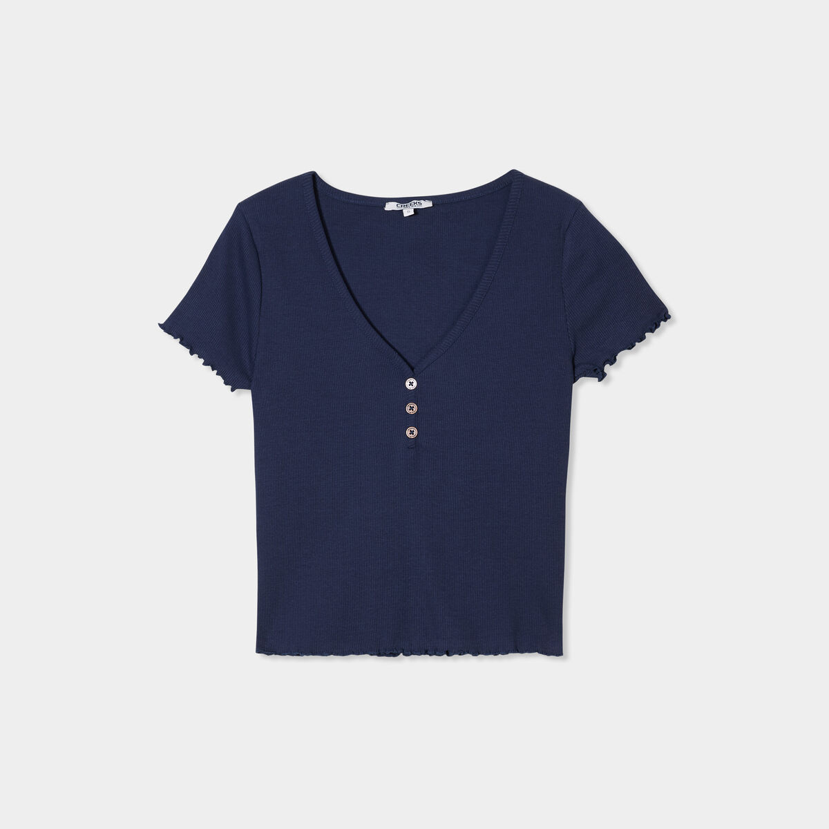T-shirt court effet côtelé col en V bleu marine femme
