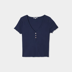 T-shirt court effet côtelé col en V bleu marine femme