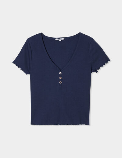 T-shirt court effet côtelé col en V bleu marine femme