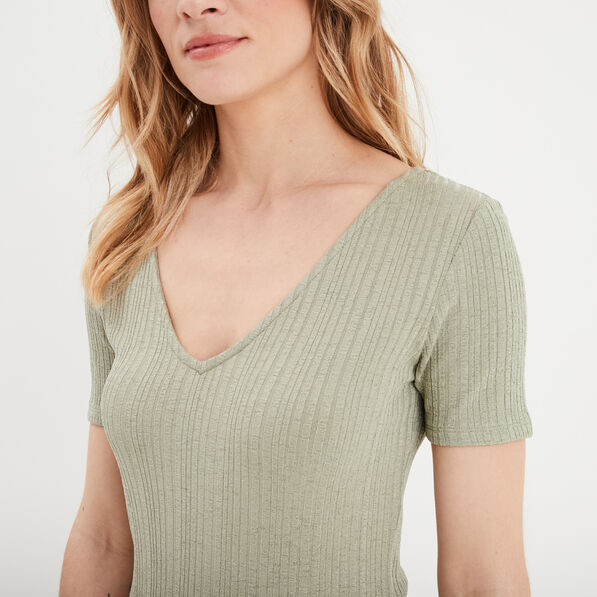 t shirt col en v cotele vert kaki femme T-shirt col en V côtelé vert kaki femme