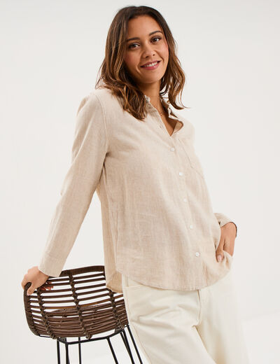 Chemise lin m&eacute;lang&eacute; manches longues beige femme