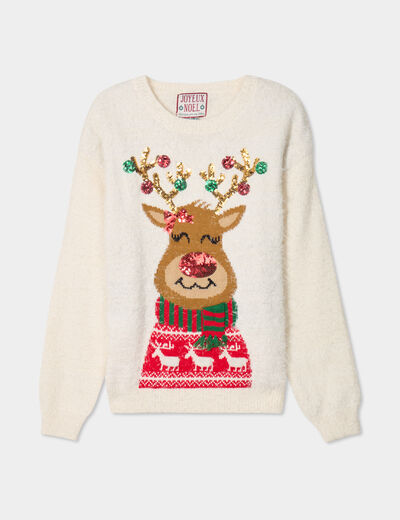 Pull de No&euml;l lumineux &agrave; sequins ivoire femme