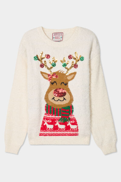 Pull de No&euml;l lumineux &agrave; sequins ivoire femme