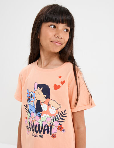 T-shirt manches courtes coton Stitch orange corail fille