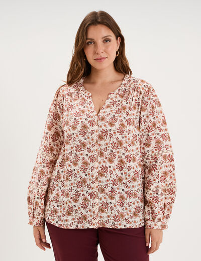 Blouse droite manches longues coton ecru femme grande taille