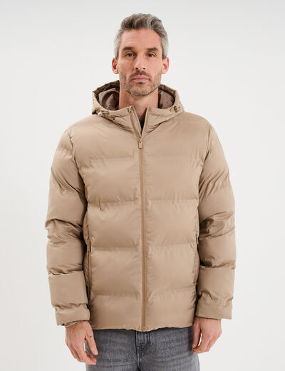 Doudoune courte &agrave; capuche d&eacute;perlante taupe homme