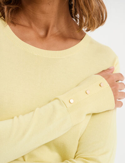 Pull col rond boutons aux poignets jaune clair femme