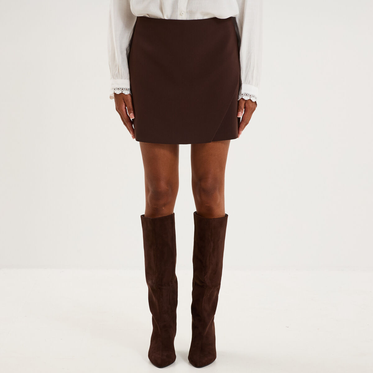 Jupe-short portefeuille courte marron fonc&eacute; femme