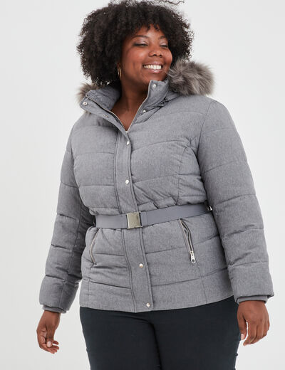 Doudoune capuche fausse fourrure gris clair femme grande taille