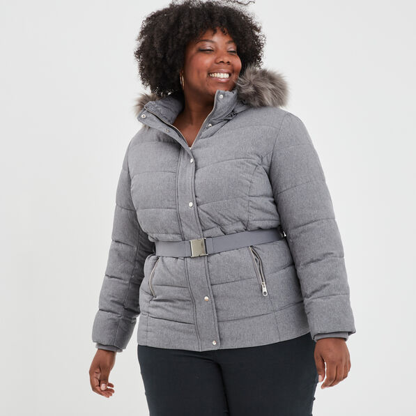 doudoune capuche fausse fourrure gris clair femmegt Doudoune capuche fausse fourrure gris clair femme grande taille