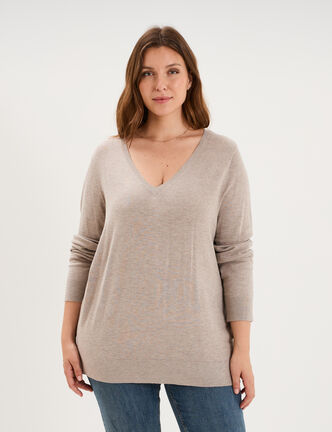 Pull fin col en V manches longues beige femme grande taille
