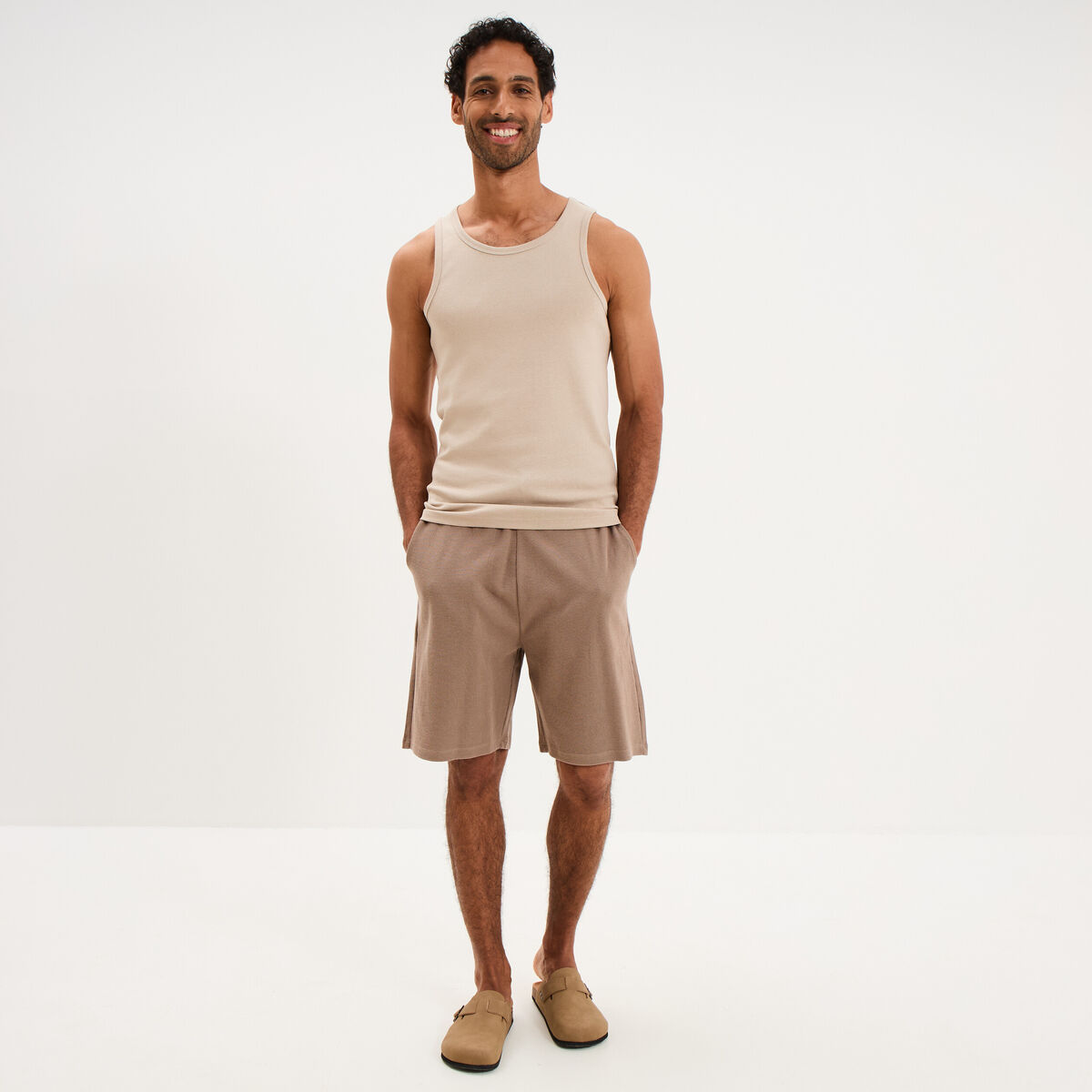 Bermuda textur&eacute; coupe droite coton marron homme
