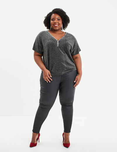 Pantalon enduit coupe skinny noir femme grande taille