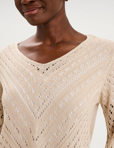 Pull ajour&eacute; col en V manches longues beige femme