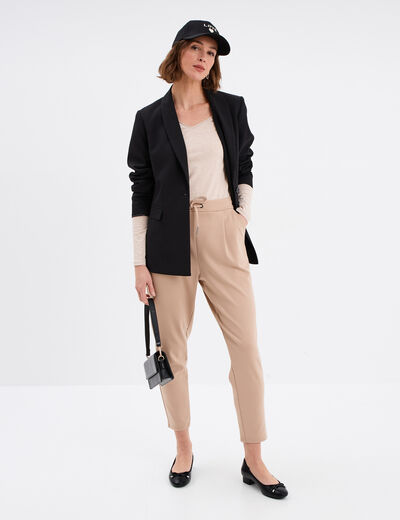 T-shirt manches longues col en V coton beige femme