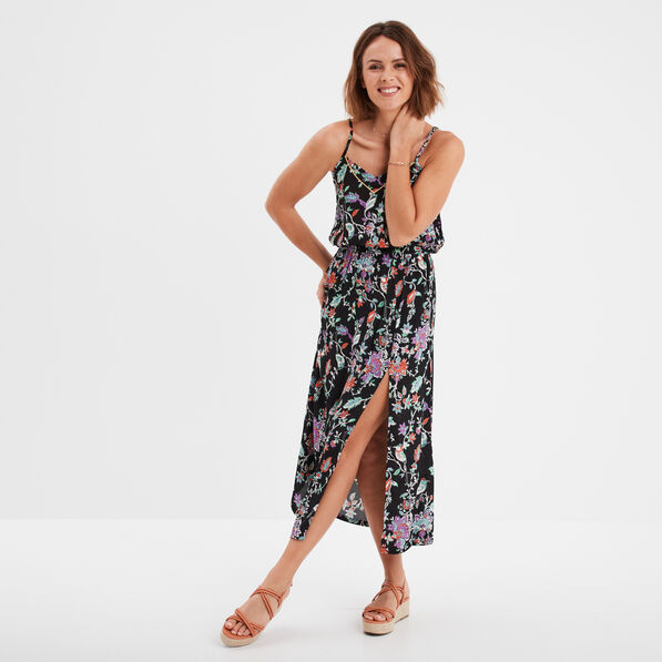 Robe midi à bretelles taille élastiquée noir femme