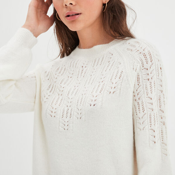 Pull manches ballons détails ajourés sable femme