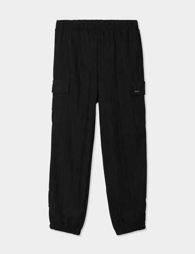 Pantalon maille cargo droit élastiqué noir fille