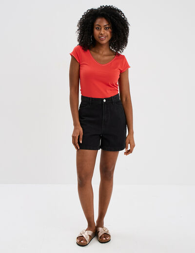 T-shirt col V ajusté manches courtes rouge femme