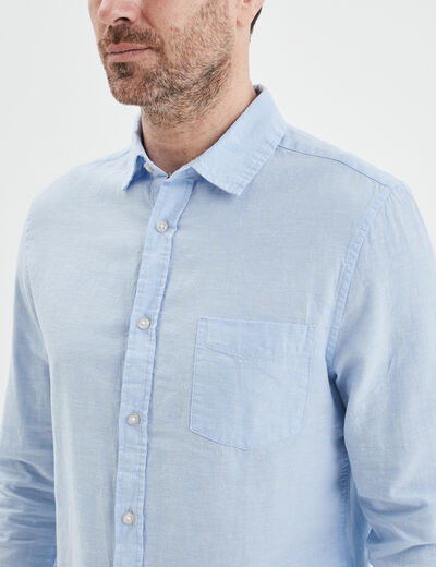 Chemise manches longues lin m&eacute;lang&eacute; bleu ciel homme