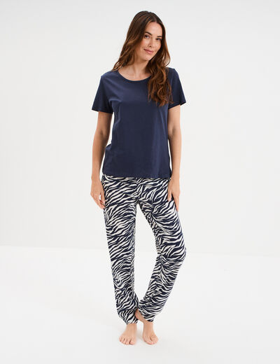 Ensemble pyjama pantalon t-shirt coton bleu marine femme